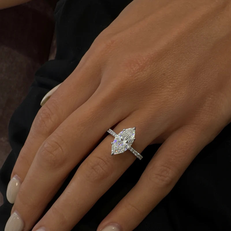 White :: Marquise lab diamond ring with round side stones elegant engagement jewelry