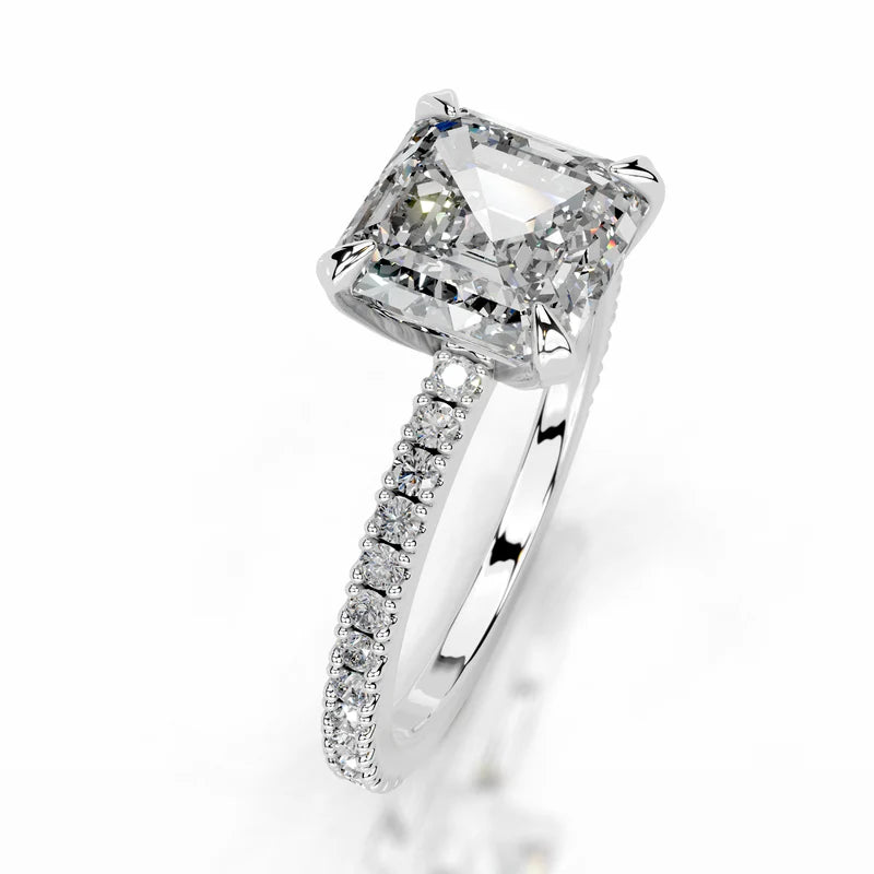 White :: Asscher cut lab grown diamond engagement ring with round diamond accents