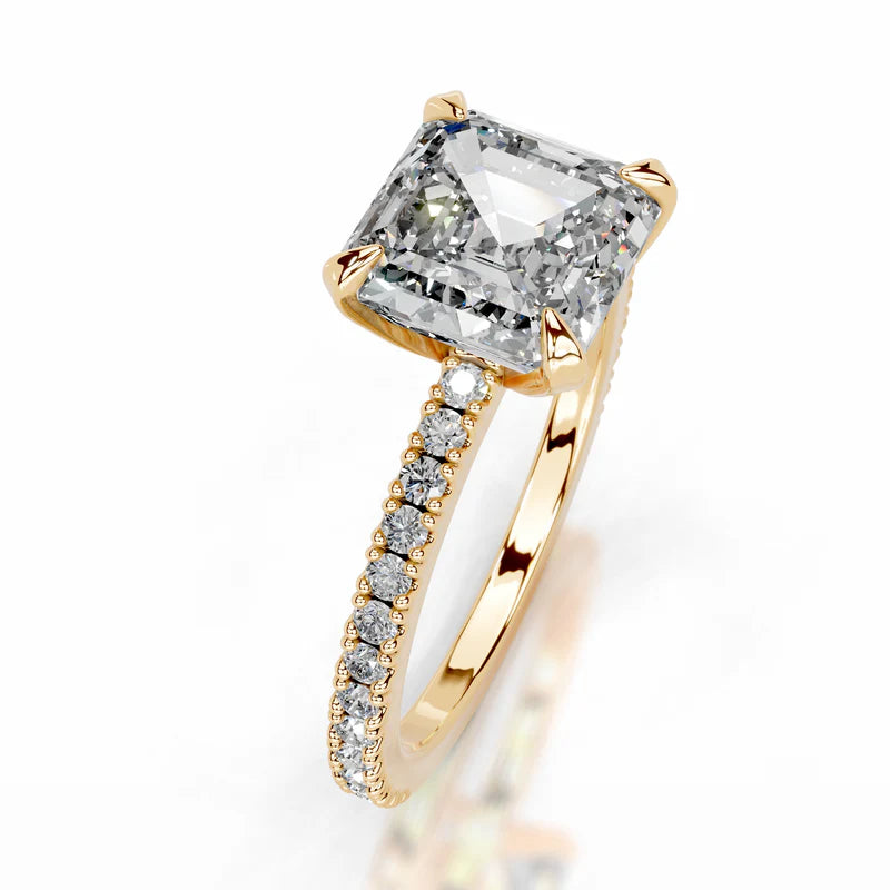 Yellow :: Asscher diamond ring lab grown with round side stones for proposal