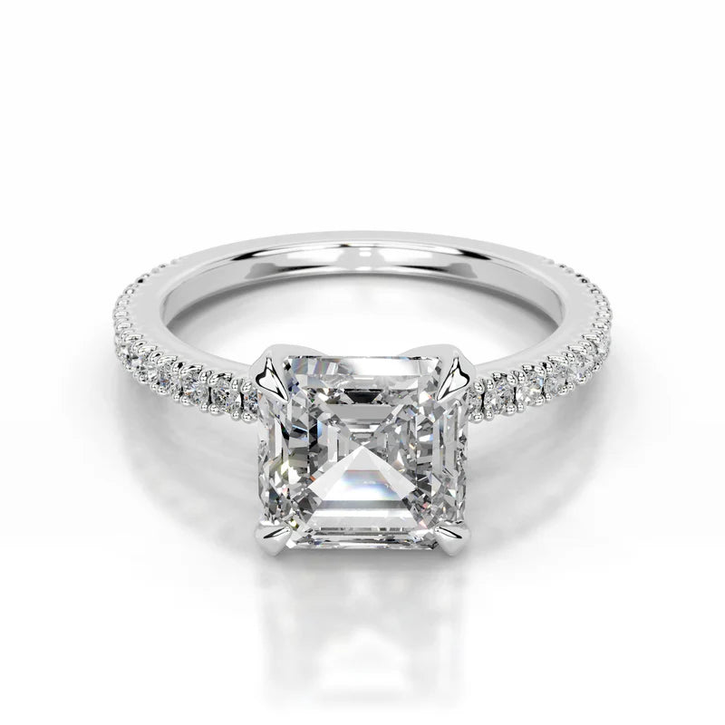 White :: Asscher cut lab grown diamond engagement ring with round accent IGI certified