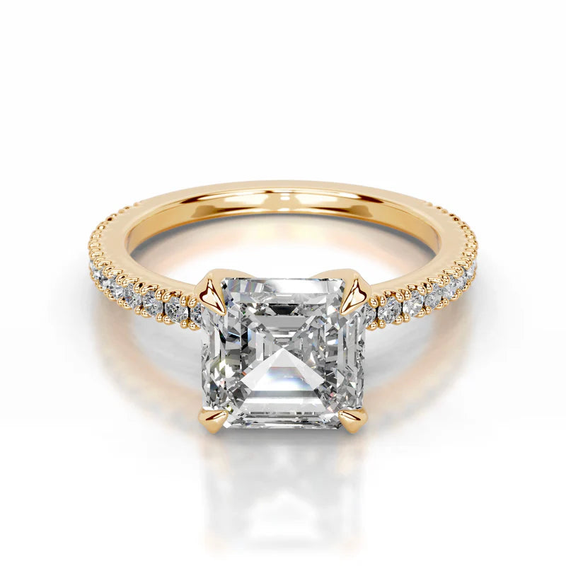 Yellow :: Timeless asscher cut lab grown diamond ring with round accent stones