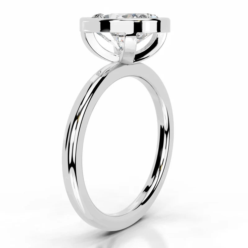 White :: Oval cut lab diamond ring with bezel setting modern engagement jewelry
