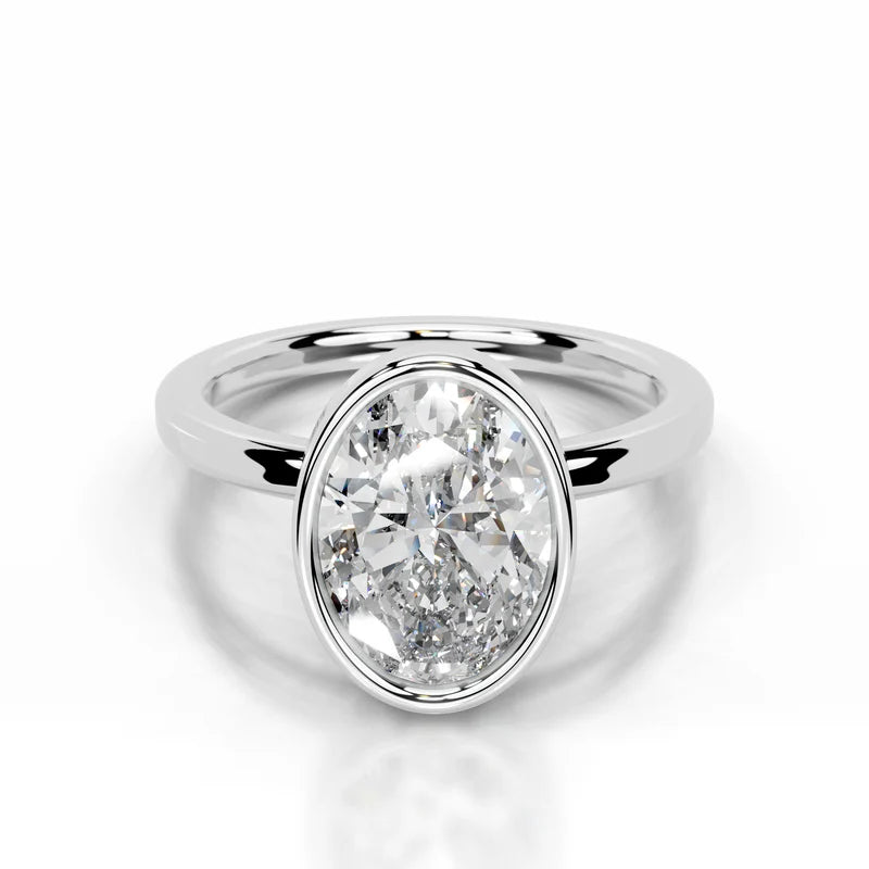 White :: Oval bezel lab grown diamond engagement ring IGI certified solitaire