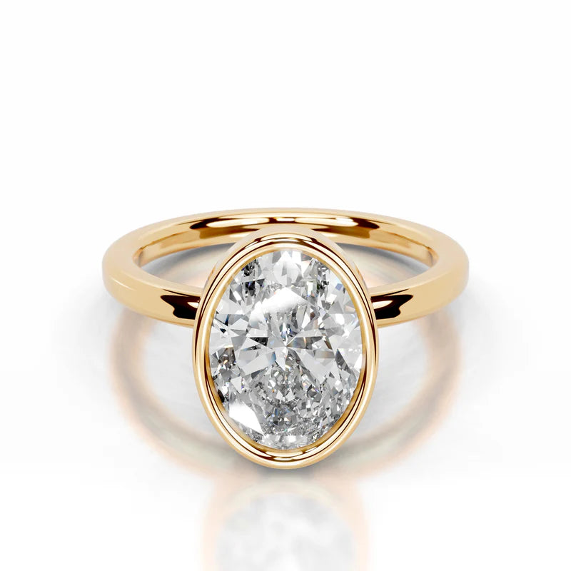 Yellow :: Minimalist oval bezel lab diamond engagement ring clean modern style