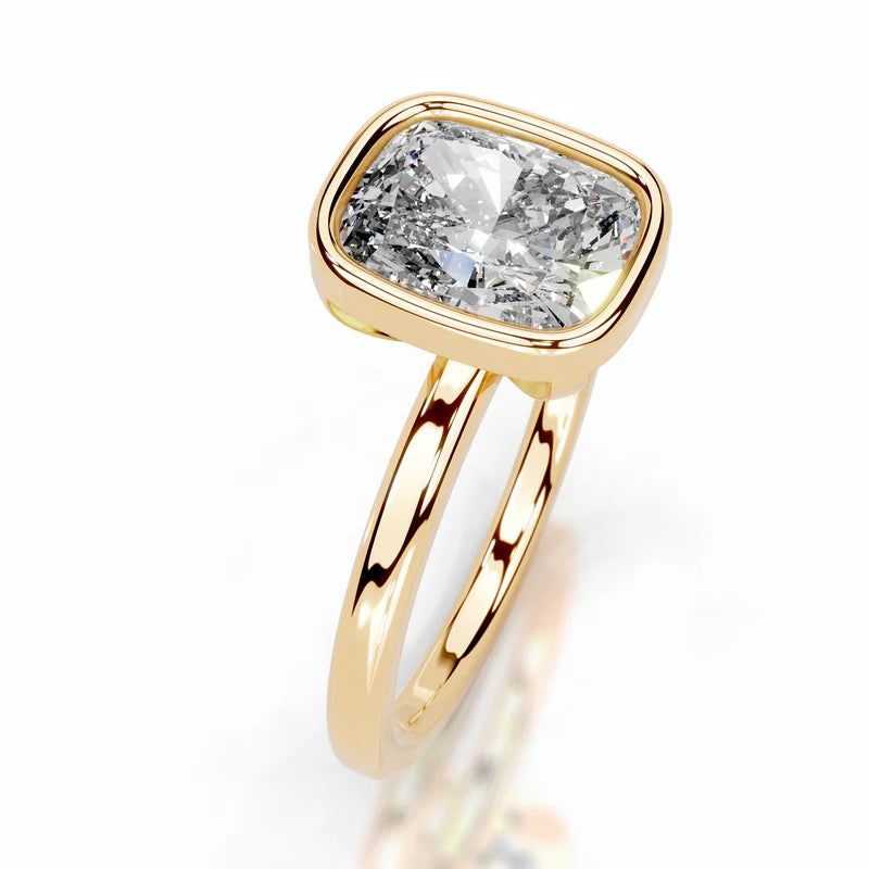 Yellow :: Elegant elongated cushion bezel lab diamond ring secure setting engagement