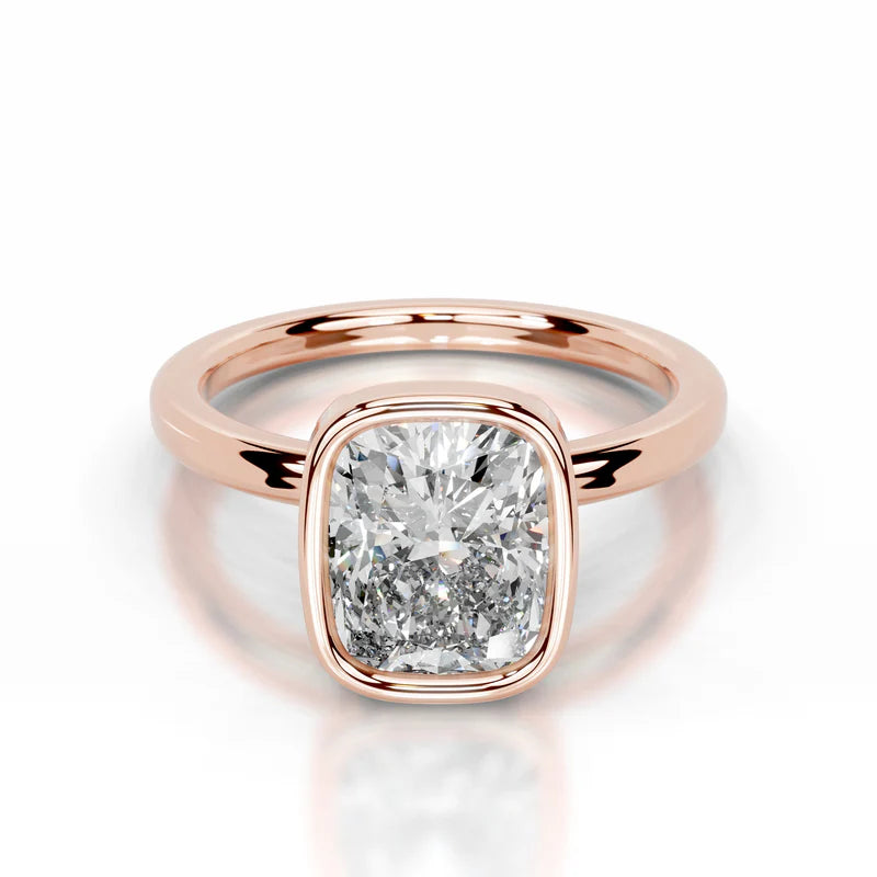 Rose :: Elongated cushion lab grown diamond ring bezel setting secure solitaire