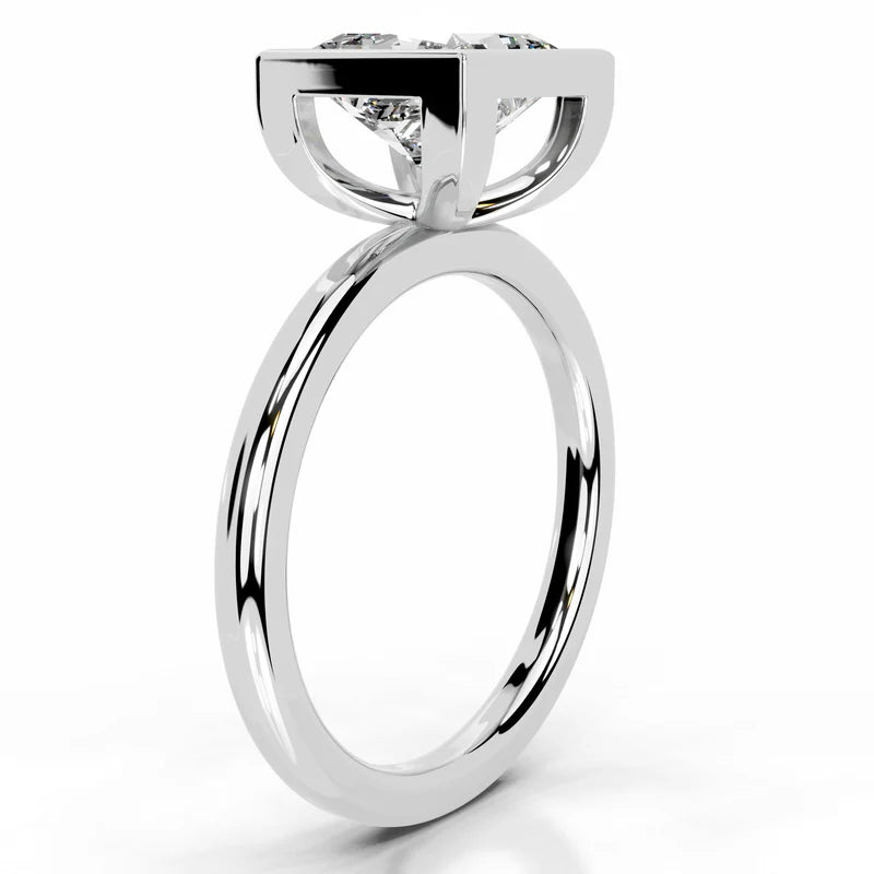 White :: Princess cut lab diamond ring with bezel setting modern engagement jewelry