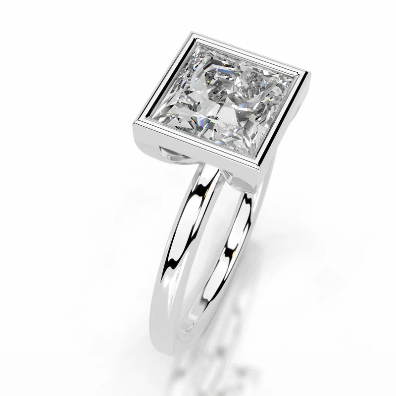 White :: Princess bezel set lab grown diamond engagement ring sleek modern style