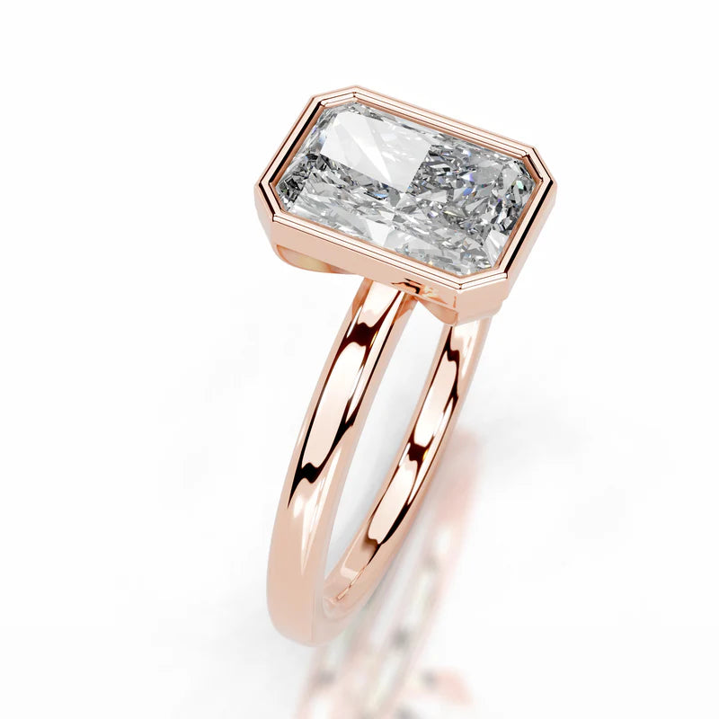 Rose :: Radiant cut bezel lab grown diamond ring sleek modern solitaire
