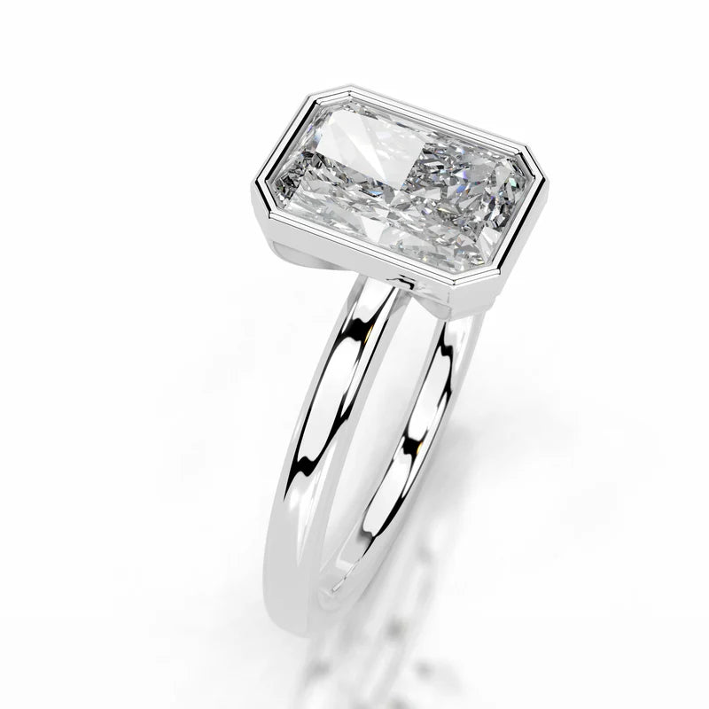 White :: Radiant bezel set lab grown diamond engagement ring elegant style