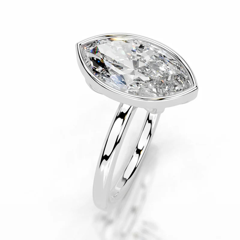 White :: Modern marquise bezel lab diamond ring minimalist engagement jewelry