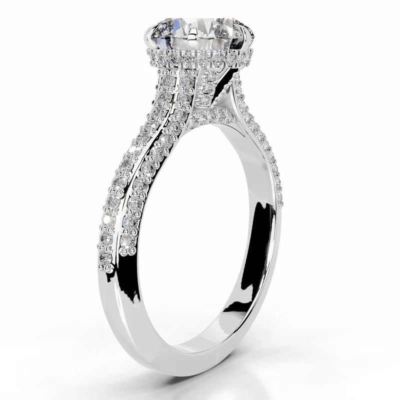 White :: Luxevia round cut hidden halo engagement ring lab grown diamond bridal ring