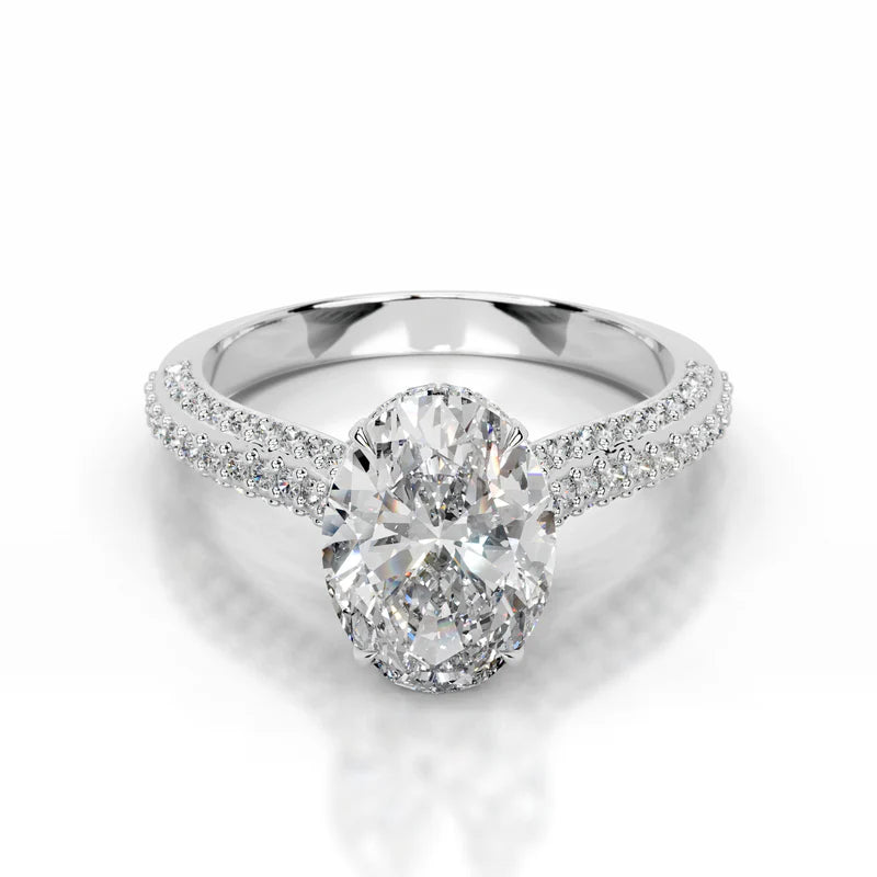 White :: Luxevia oval hidden halo lab grown diamond engagement ring IGI certified