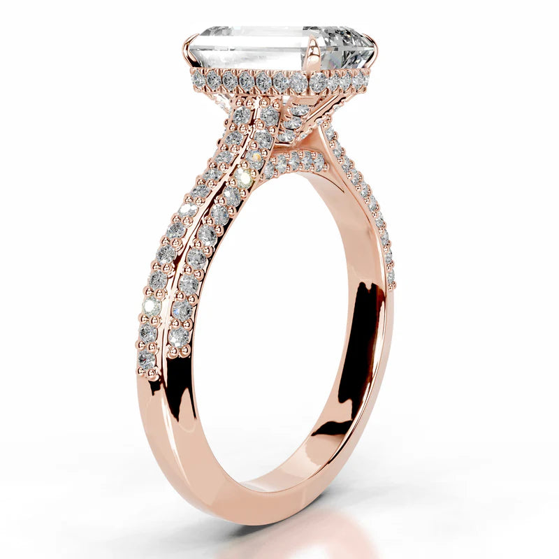 Rose :: modern emerald hidden halo lab grown diamond engagement ring bridal jewelry