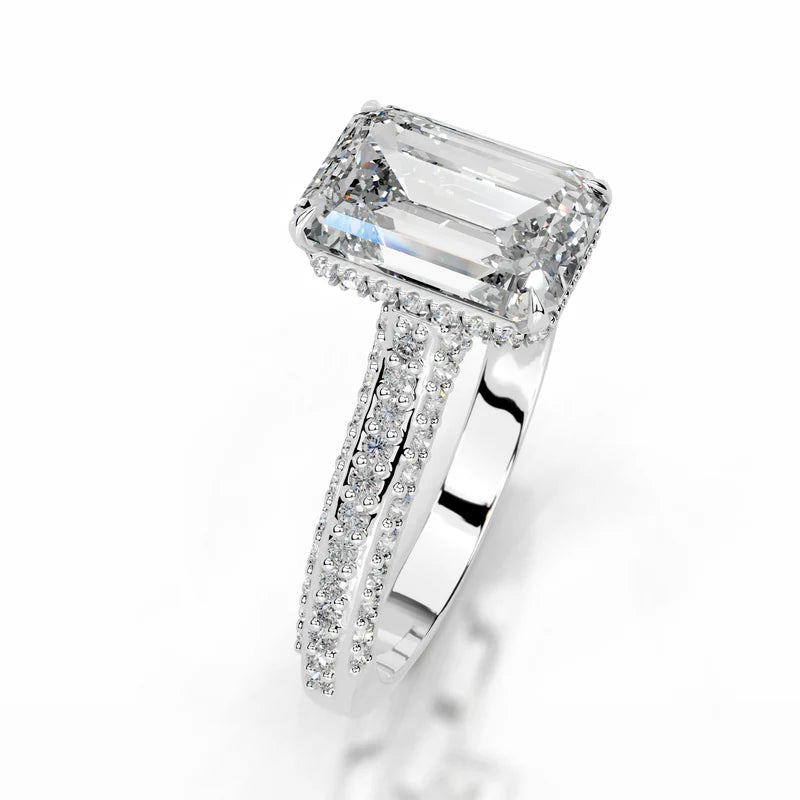 White :: Luxevia emerald cut hidden halo engagement ring lab grown diamond bridal ring