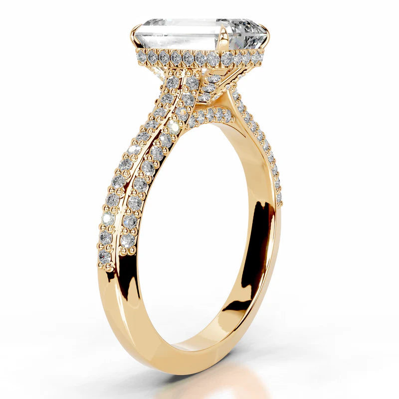 Yellow :: women’s emerald cut lab diamond engagement ring hidden halo pavé band