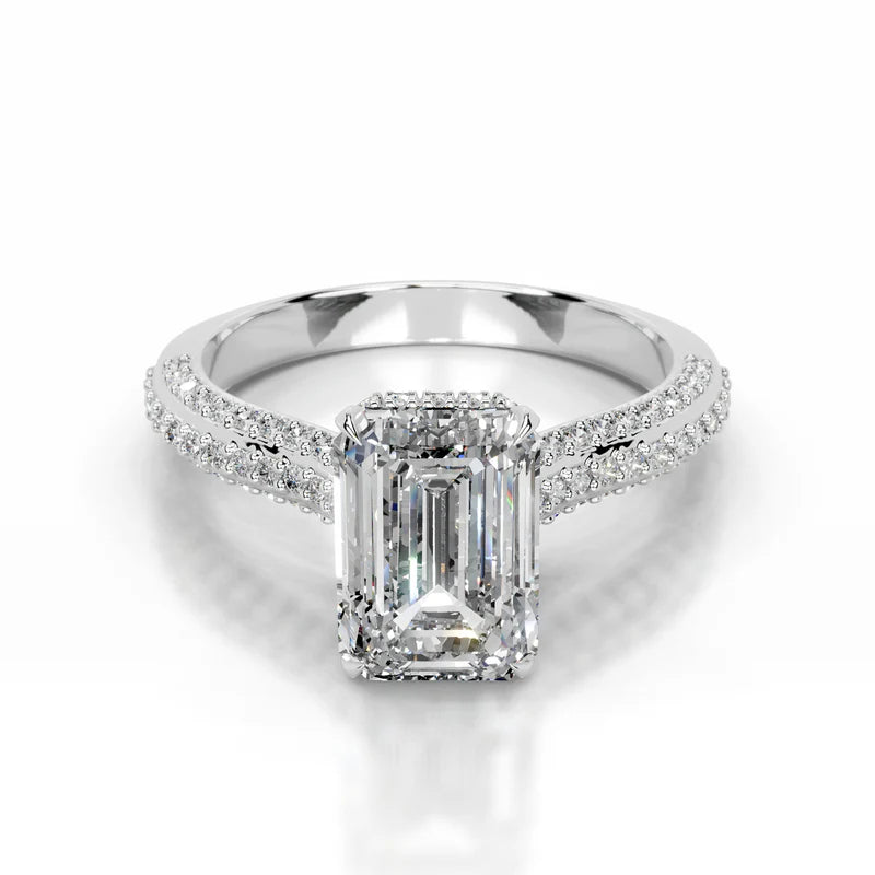 White :: Luxevia emerald hidden halo lab grown diamond engagement ring IGI certified