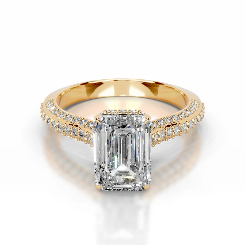 Yellow :: handcrafted emerald hidden halo lab diamond engagement ring luxury design