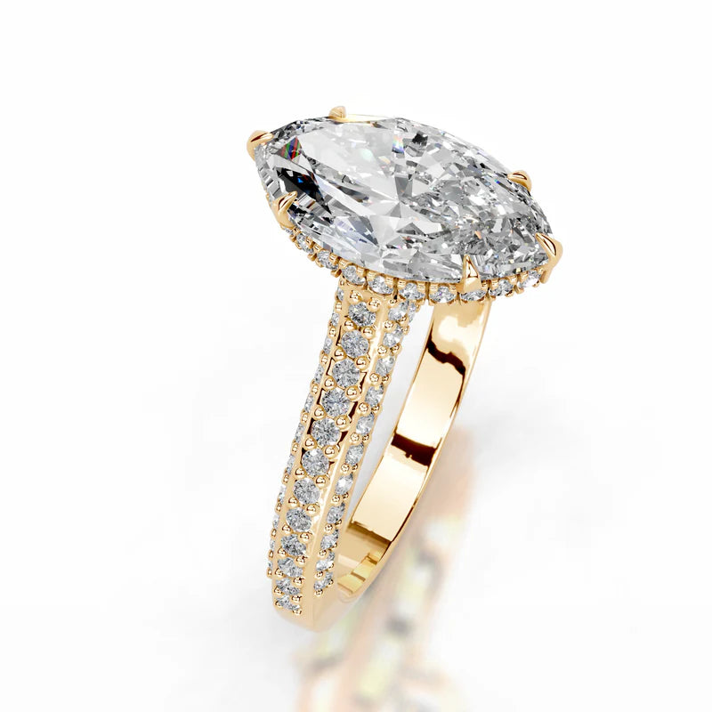 Yellow :: sustainable marquise lab grown diamond engagement ring hidden halo design