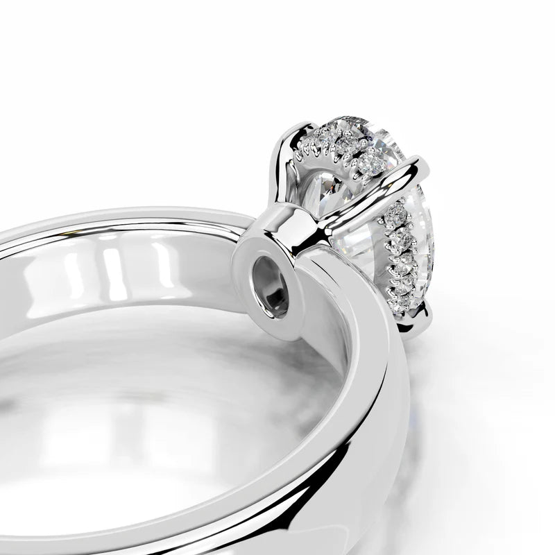 White :: close up oval lab diamond hidden halo engagement ring sparkle