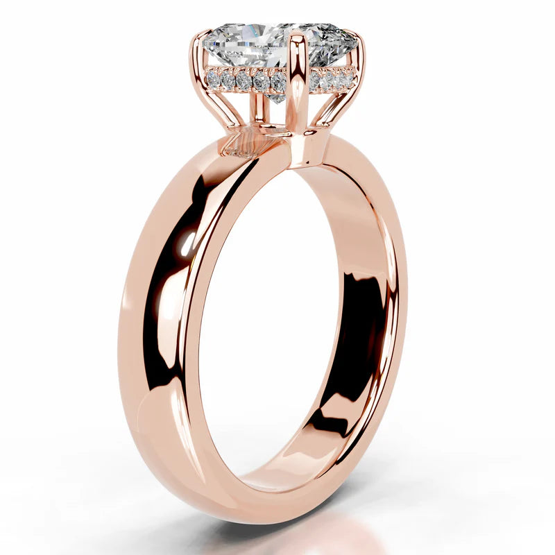 Rose :: top view elongated cushion cut lab diamond ring hidden halo setting