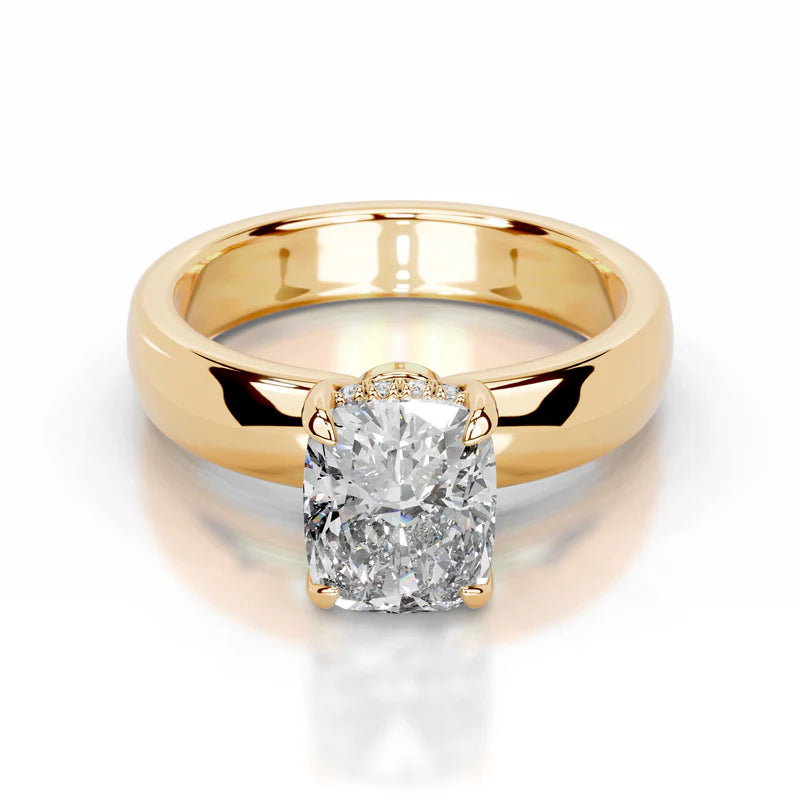 Yellow :: elongated cushion solitaire lab grown diamond ring with hidden halo detail
