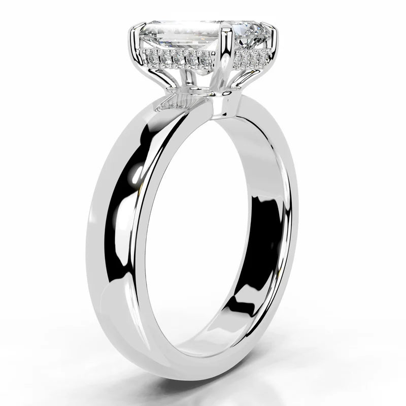 White :: close up radiant cut lab diamond hidden halo engagement ring sparkle