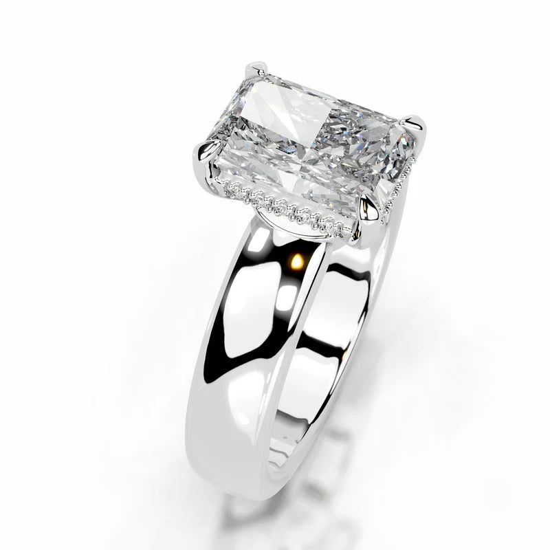 White :: side profile radiant hidden halo lab grown diamond engagement ring