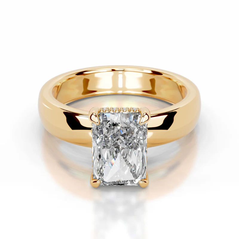 Yellow :: modern hidden halo radiant cut lab diamond ring yellow gold band