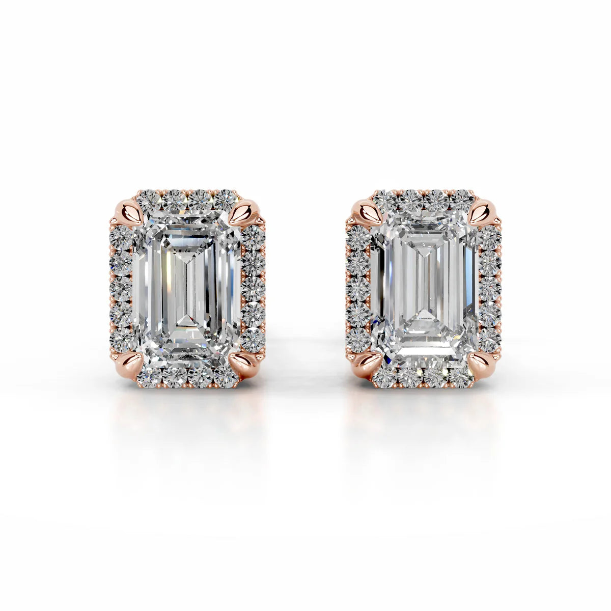 Rose:: emerald cut halo lab grown diamond stud earrings crafted for maximum brilliance and shine timeless fine jewelry statement earrings