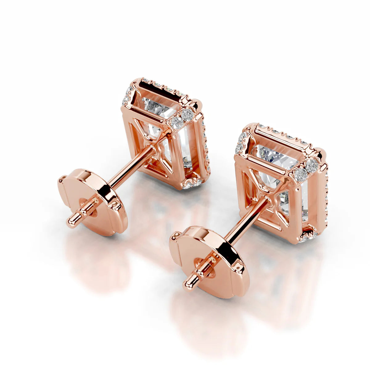 Rose:: emerald cut halo lab grown diamond stud earrings elegant halo design luxury earrings timeless fine jewelry statement earrings