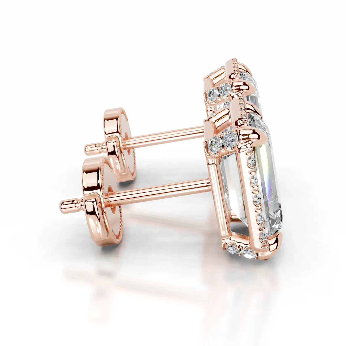 Rose:: emerald cut halo lab grown diamond stud earrings sustainable luxury fine jewelry piece fine jewelry gift for special occasions