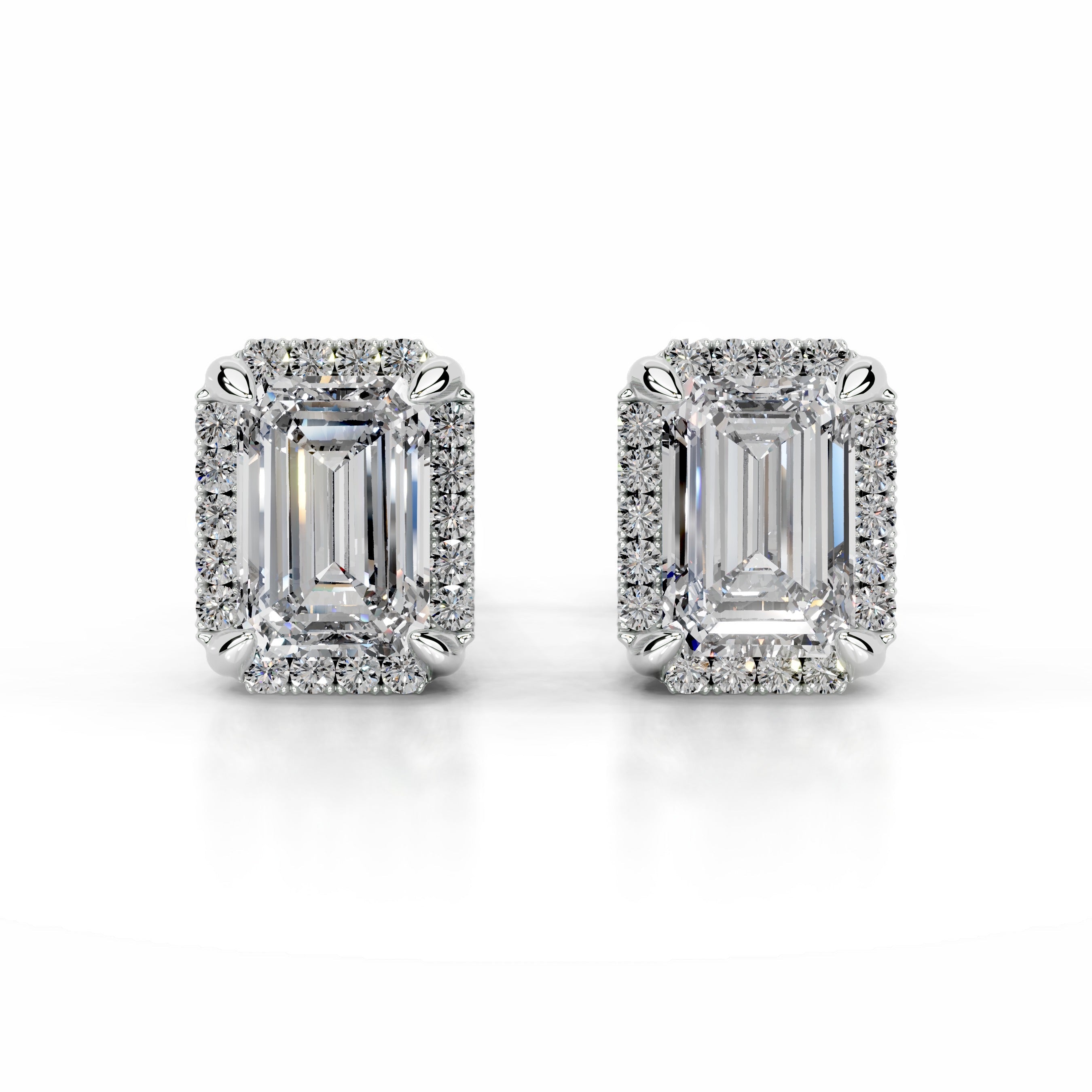 White:: emerald cut halo lab grown diamond stud earrings elegant halo design luxury earrings minimal yet luxurious diamond earrings