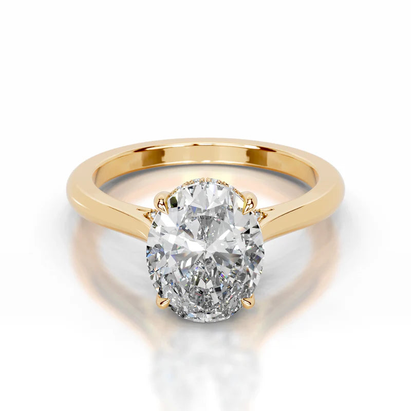 Yellow :: women’s oval cut lab diamond hidden halo engagement ring Yellow gold band