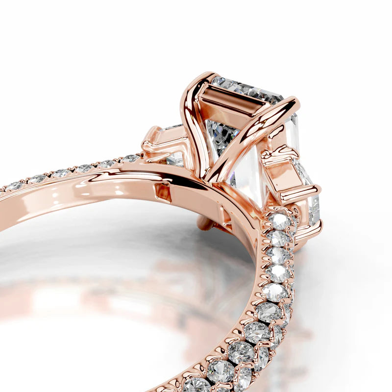 Rose :: handcrafted emerald lab diamond three stone ring anniversary engagement ring