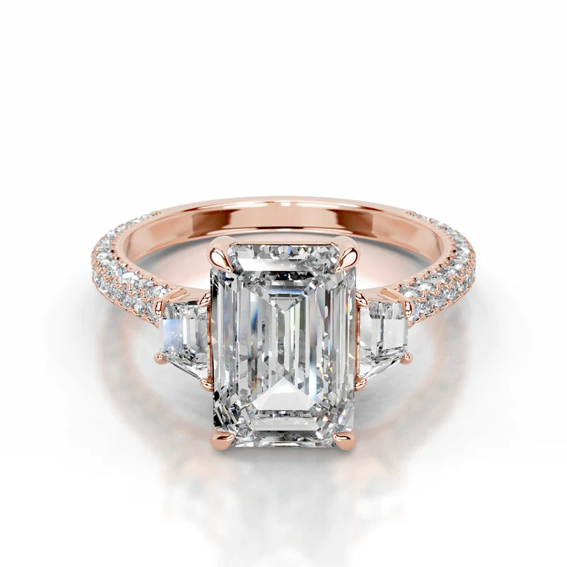 Rose :: luxury emerald lab diamond three stone engagement ring white gold design