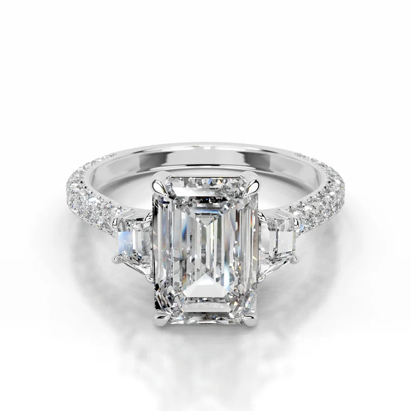 White :: Veloura emerald lab grown diamond three stone ring IGI certified engagement ring