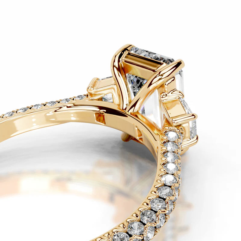Yellow :: women’s emerald cut lab diamond three stone engagement ring IGI certified