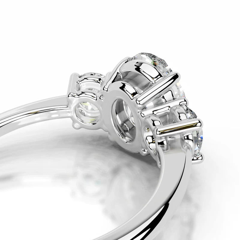 White :: oval three stone lab grown diamond engagement ring round side stones