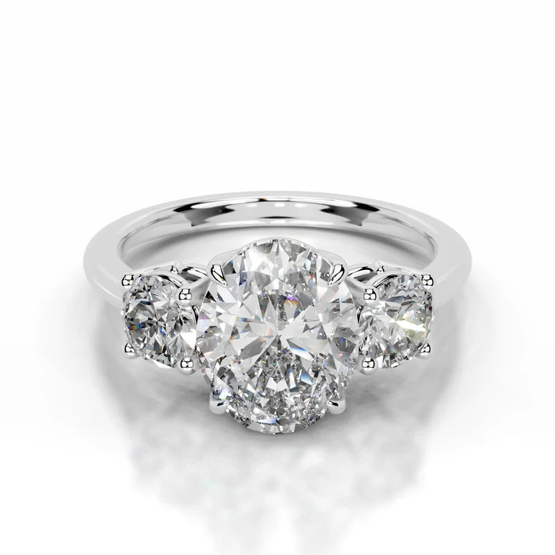 White :: Orentha oval lab grown diamond three stone ring IGI certified engagement ring