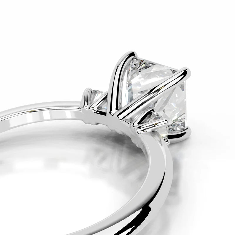 White :: princess three stone lab grown diamond engagement ring square cut side stones
