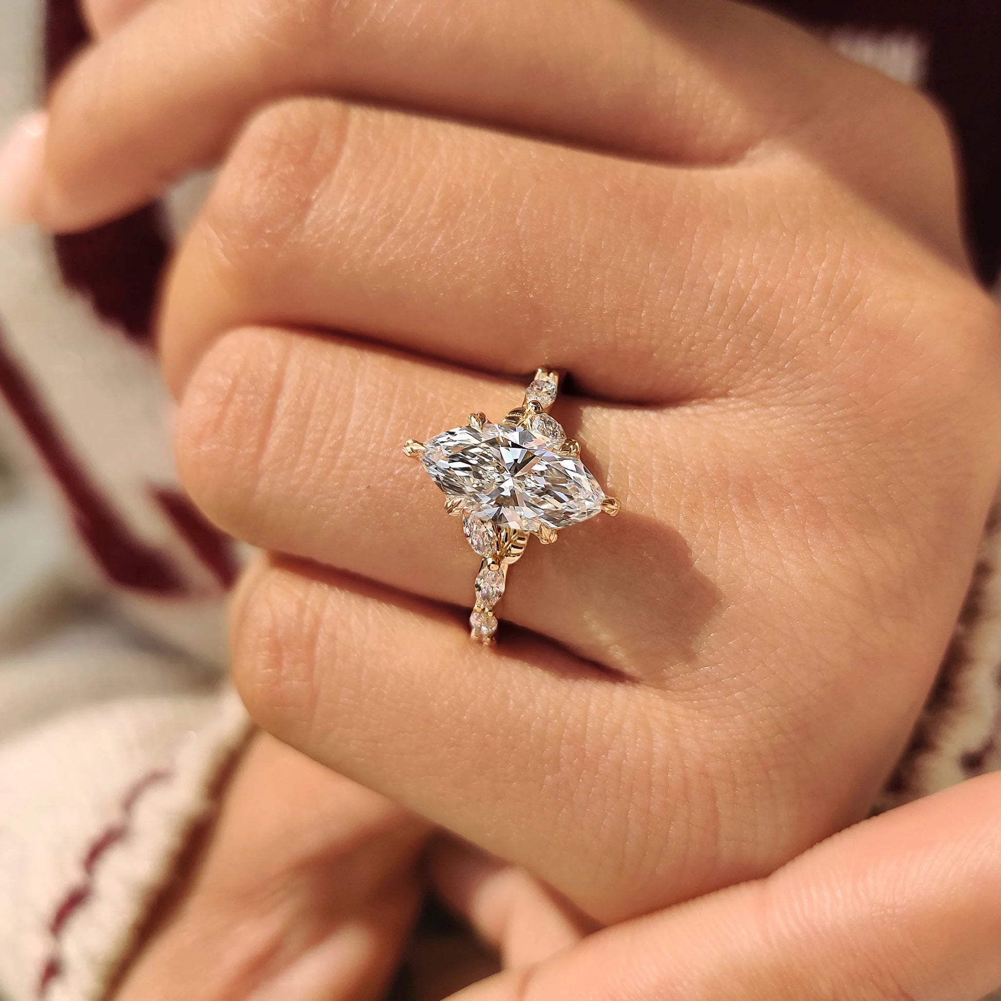 Common :: Luxury floral engagement ring with a marquise lab grown diamond and elegant nature-inspired setting in precious metal