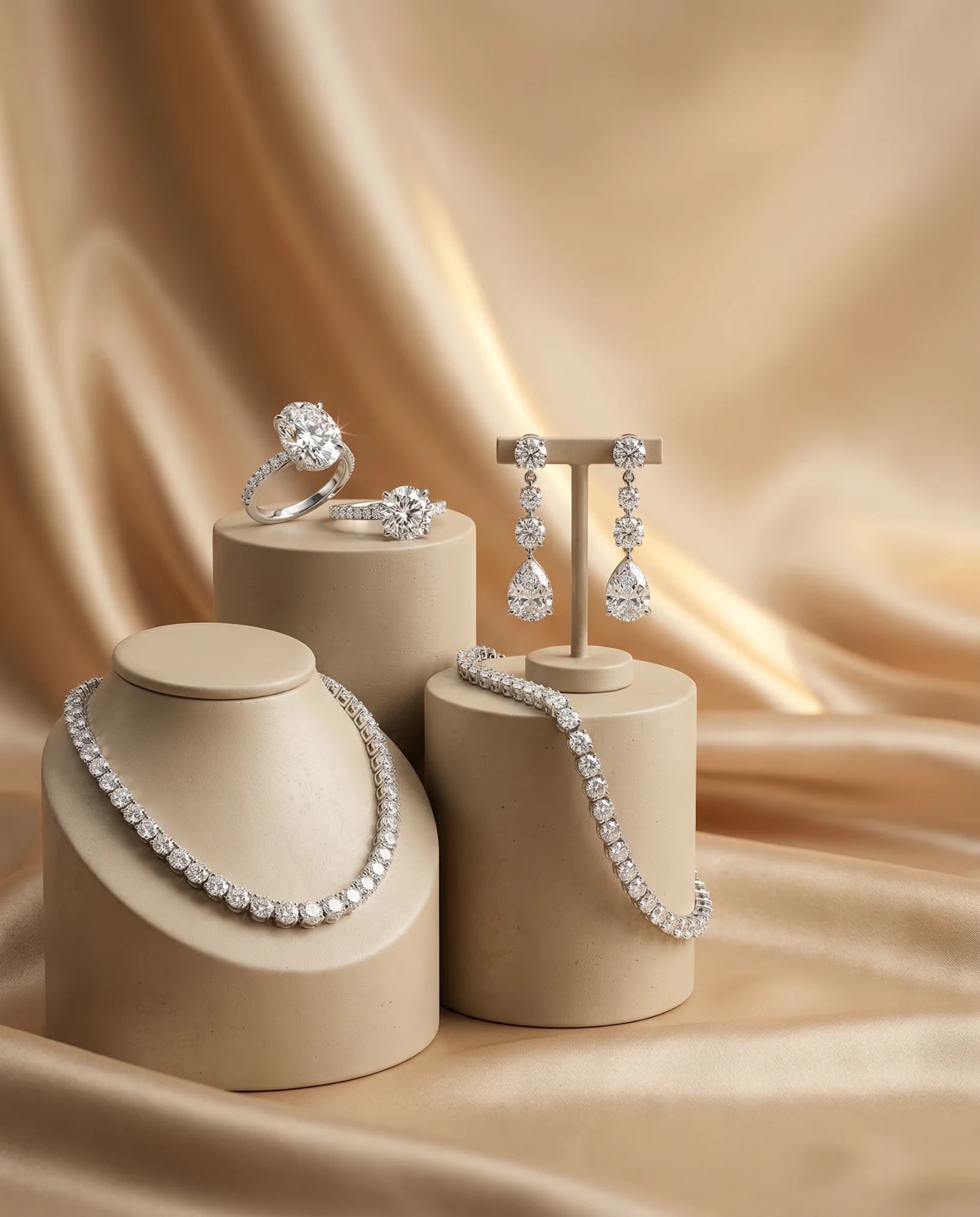 Lab grown diamond necklace, tennis bracelet, engagement rings and drop earrings – Unii Jewels