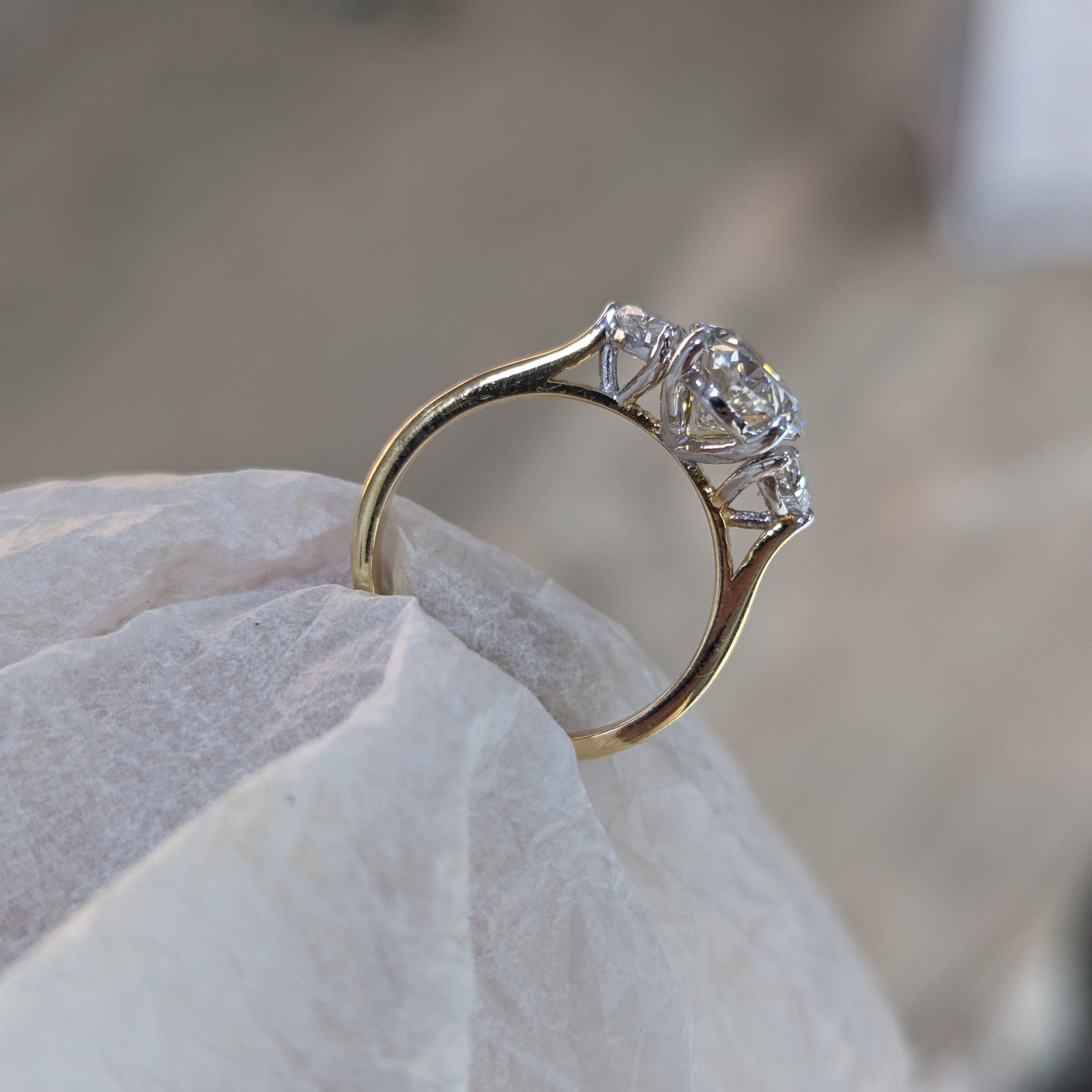 Oval 3.00tcw Lab-Grown Diamond Ring | Yellow & White Gold | Three Stone Cathedral