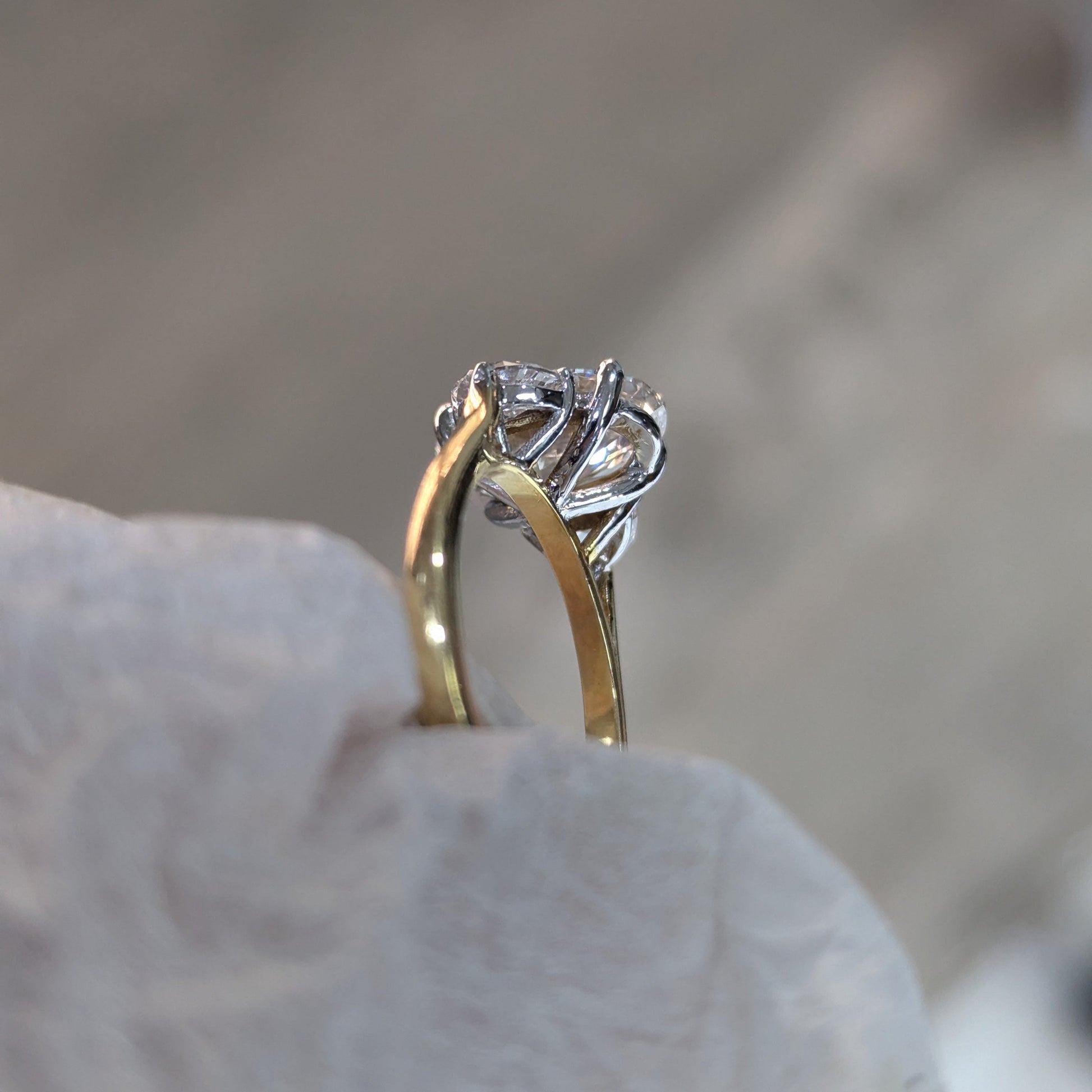 Oval 3.00tcw Lab-Grown Diamond Ring | Yellow & White Gold | Three Stone Cathedral