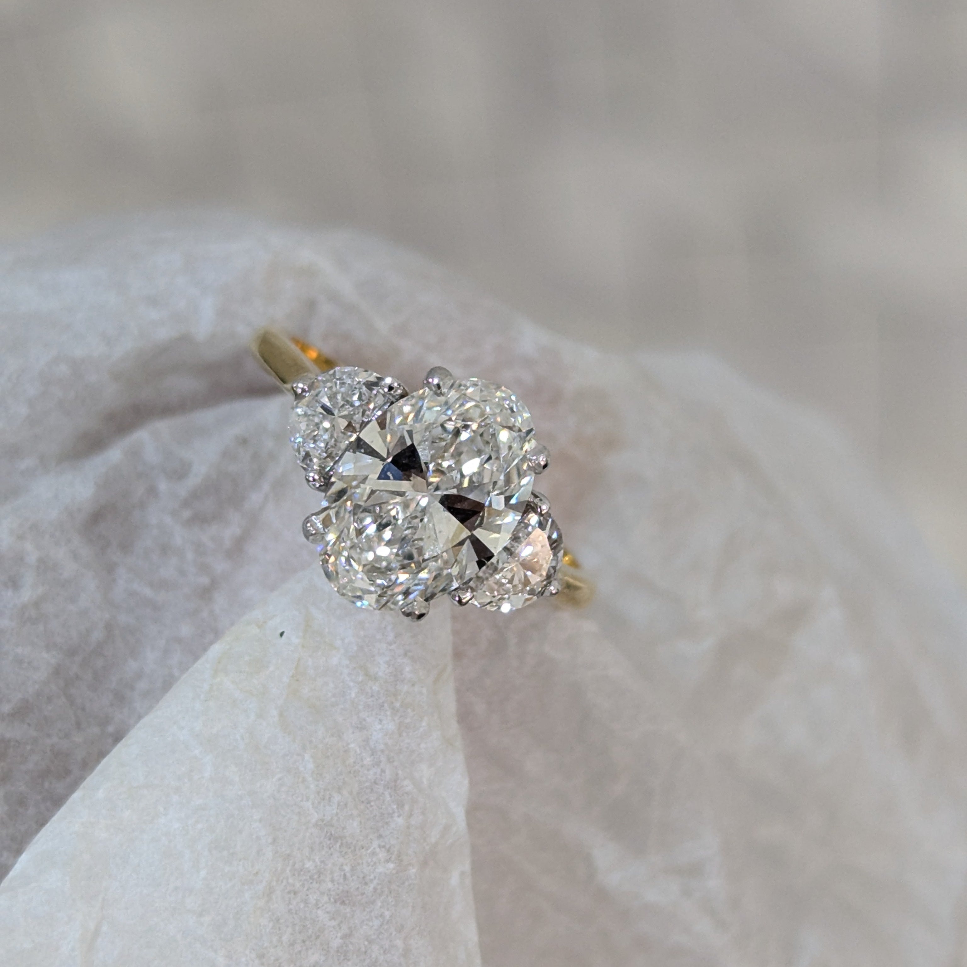 Oval 3.00tcw Lab-Grown Diamond Ring | Yellow & White Gold | Three Stone Cathedral