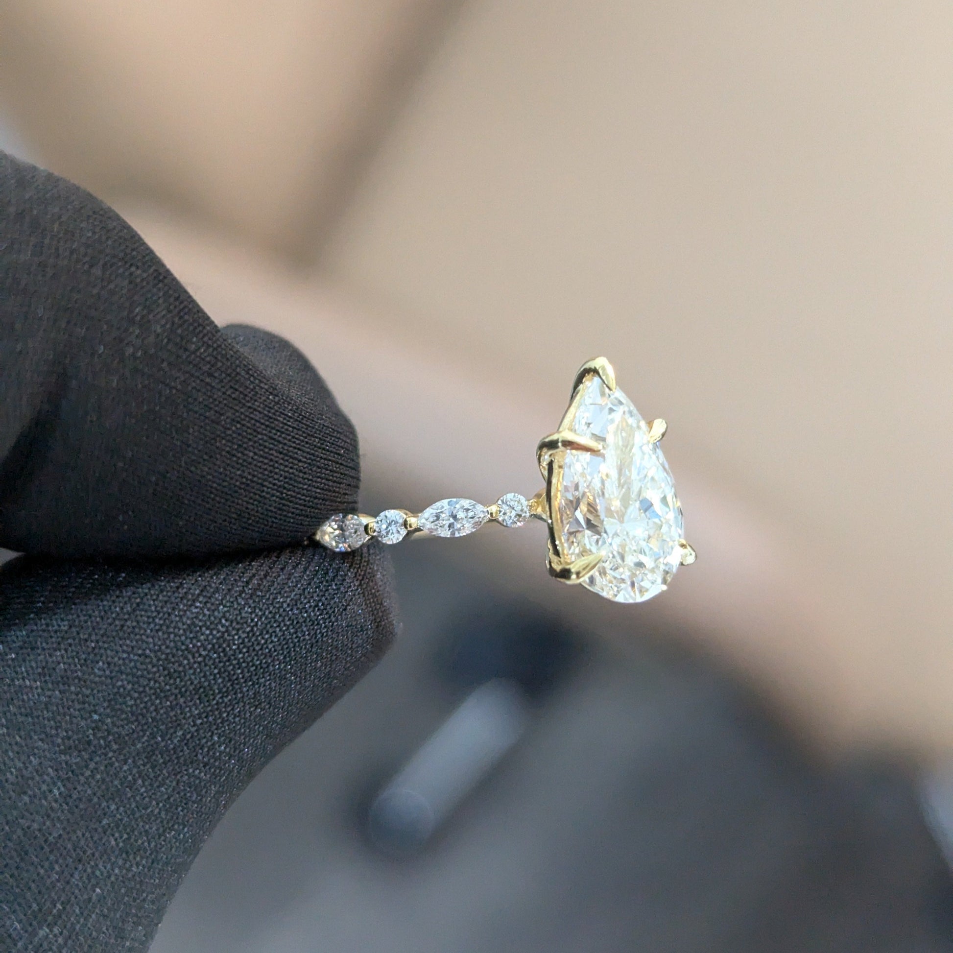 3.15tcw Pear Cut Lab Diamond Ring | Side Accents | Ethical Engagement Ring | IGI Certified