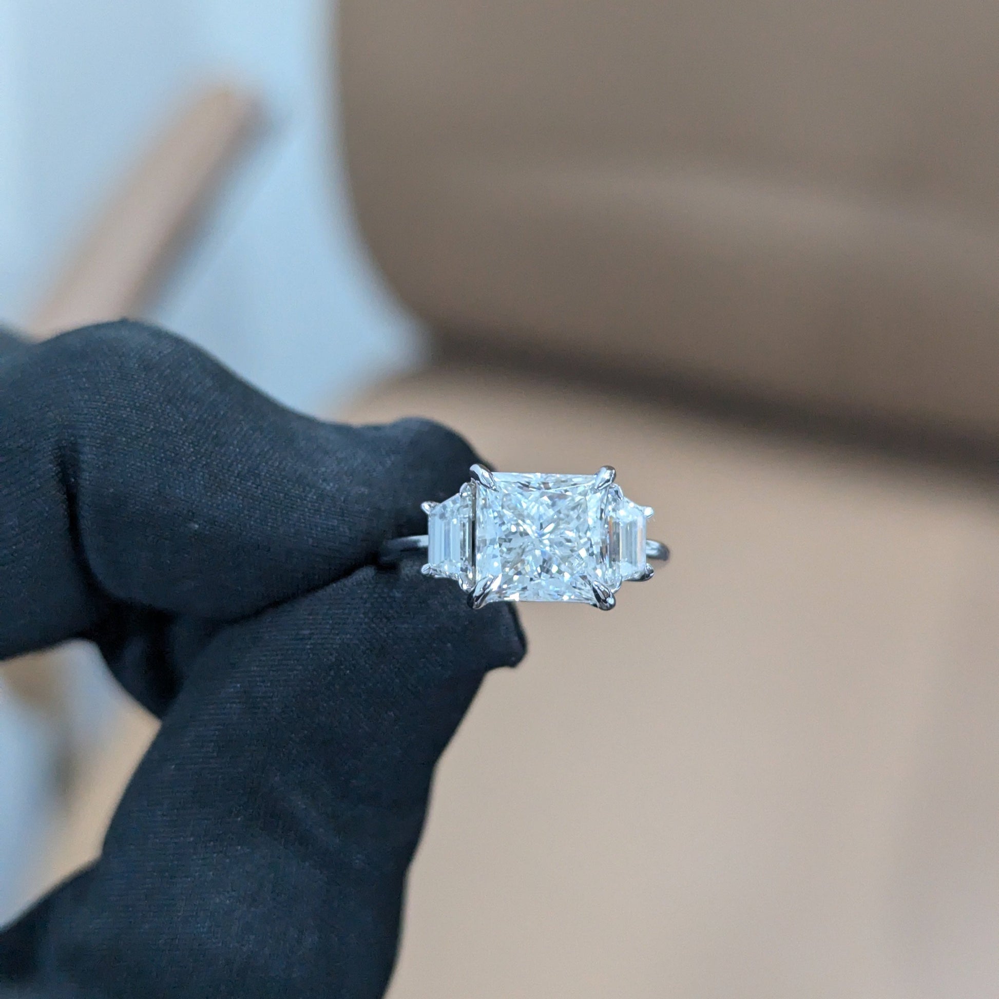 2.40tcw Princess Lab Diamond Engagement Ring | Trapezoid Side Stones | IGI Certified | White Gold