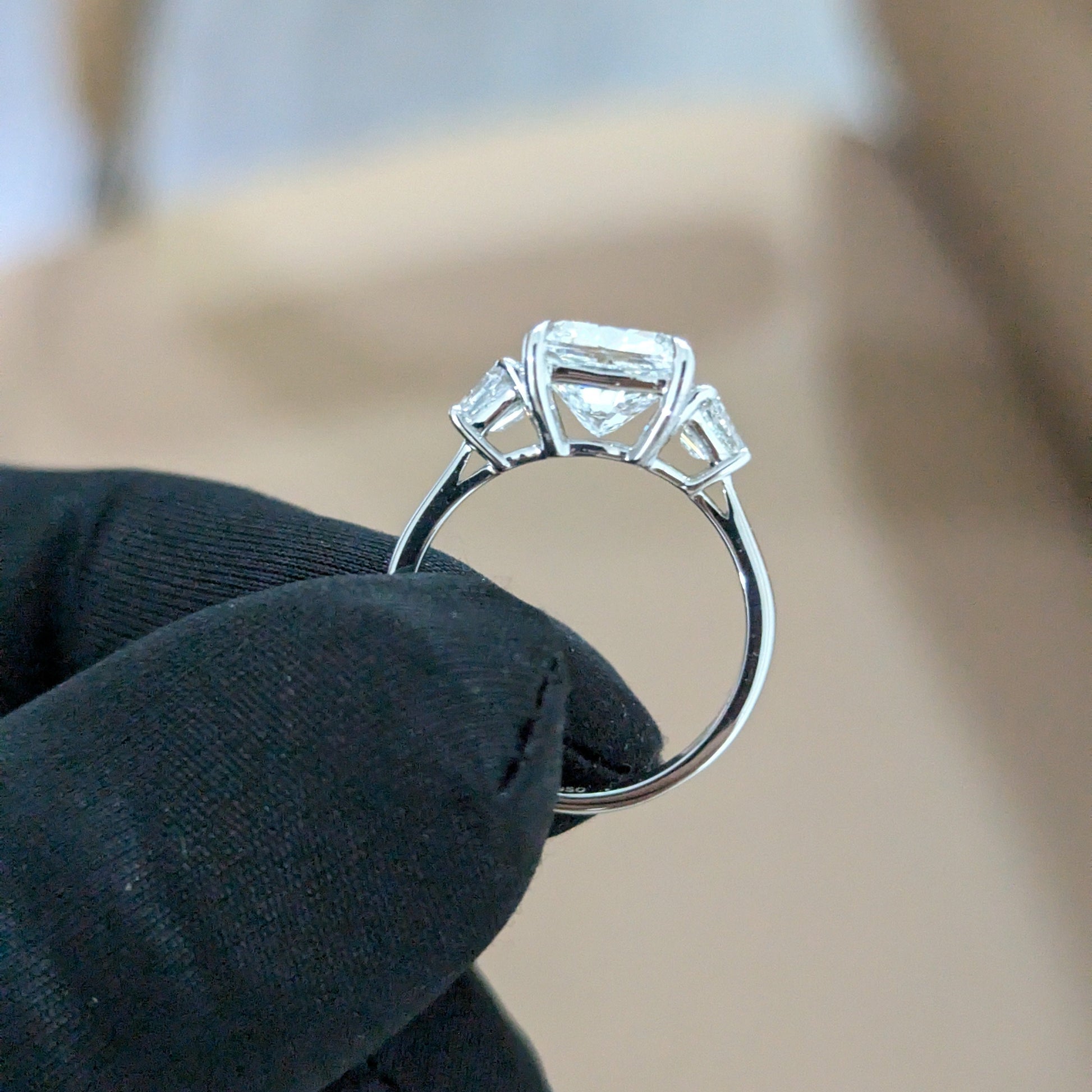 Three Stone 3.50tcw Cushion Lab Grown Diamond Ring | Trapezoid Accents | IGI Certified