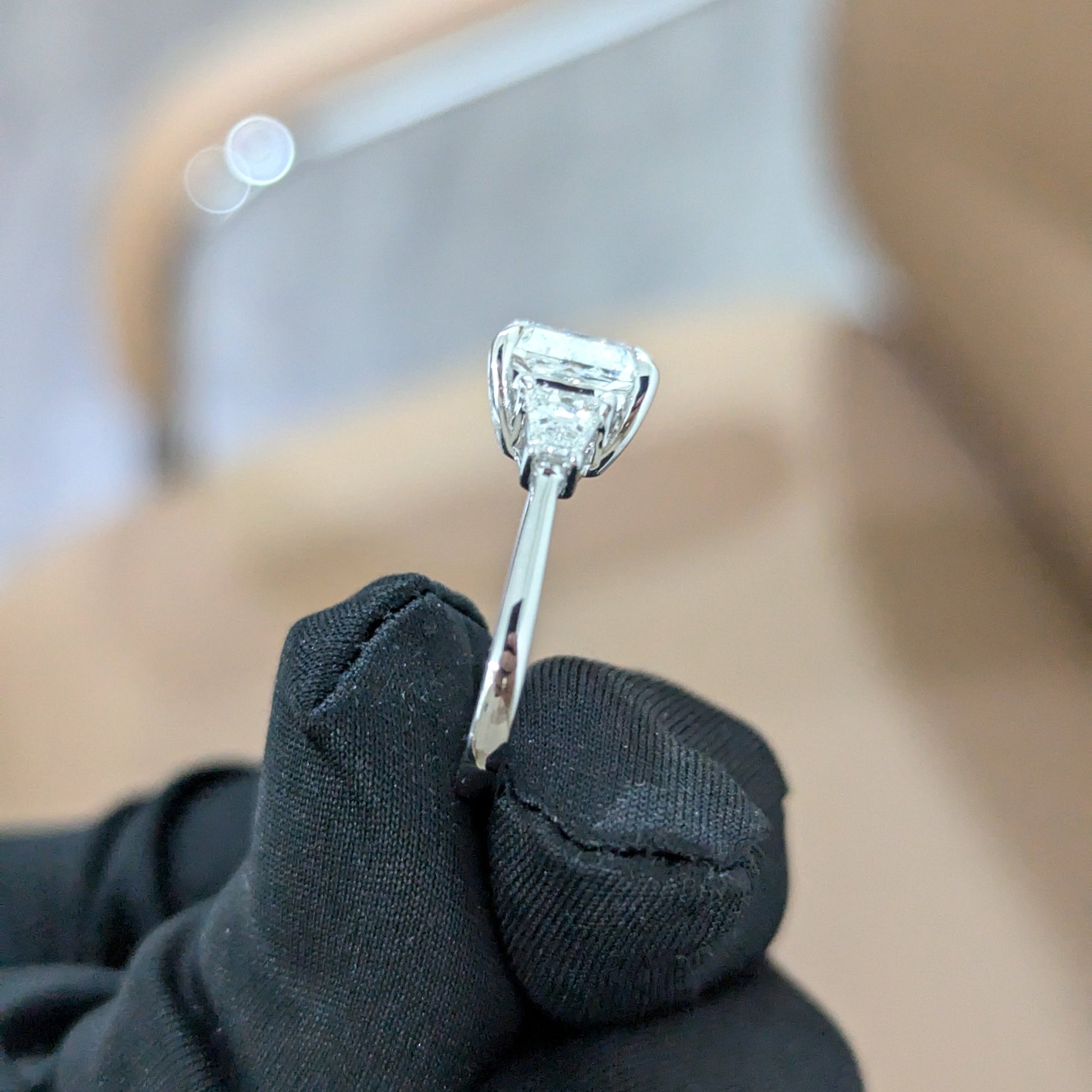 Three Stone 3.50tcw Cushion Lab Grown Diamond Ring | Trapezoid Accents | IGI Certified